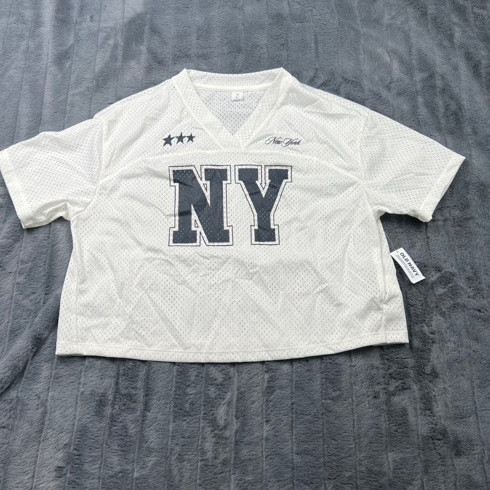Old Navy Active Women White Mesh NY Graphic Cropped Jersey Top 861286-00-1 M